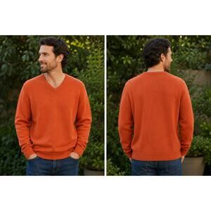 Orvis Men’s Medium Orange V-Neck Sweater 100% Cotton Pullover Casual Knit